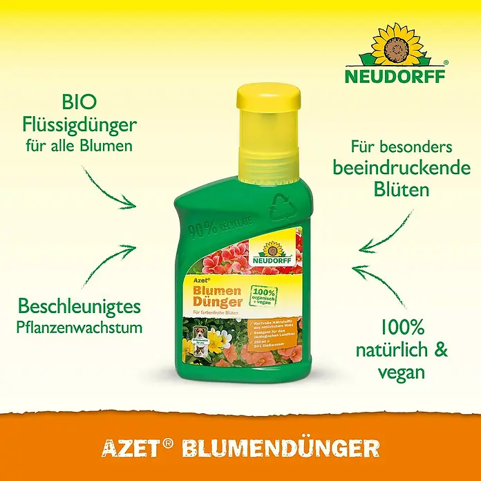 Neudorff Azet Blühpflanzendünger - 325 g, 250 ml - Grüne Flasche Neudorff Azet Bio Blumendünger mit gelbem Deckel, betont bio, vegan und beeindruckende Blüten.