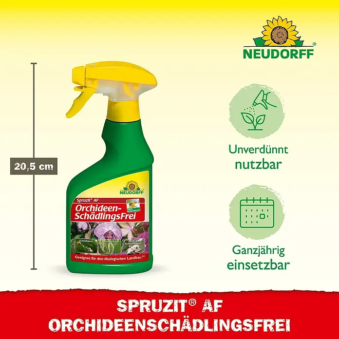 Neudorff Spruzit Schädlingsfrei AF - 250 ml, Geeignet für: Orchideen - Sprühflasche Spruzit AF Orchideen Schädlingsfrei von Neudorff mit Größenangabe und Symbolen zur Anwendung.