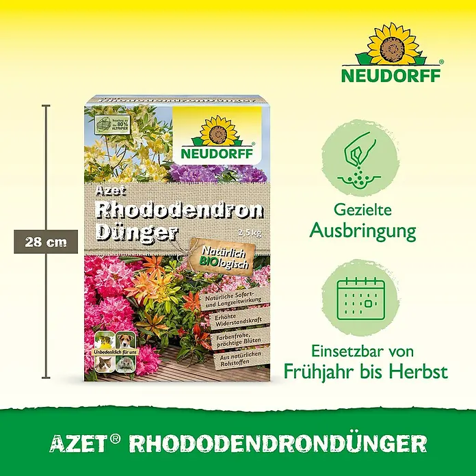Neudorff Azet Rhododendrondünger - 2,5 kg - Produktbild: Azet Rhododendron Dünger von Neudorff, ein biologischer Dünger für Rhododendren, der von Frühjahr bis Herbst eingesetzt werden kann.