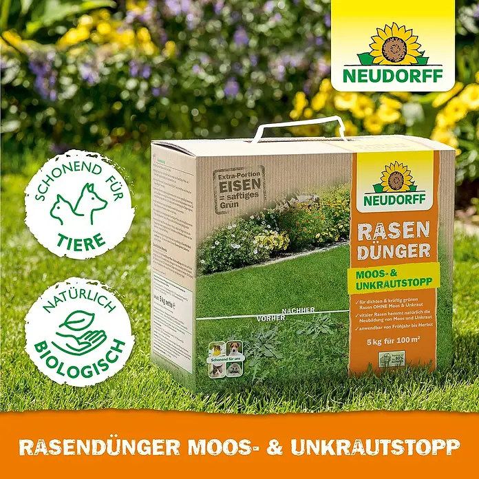 Neudorff Rasendünger Moos- & Unkrautstopp - 10 kg - Rasendünger Moos- & Unkrautstopp von Neudorff. Für dichten, kräftigen Rasen ohne Moos. Vitaler Rasen hemmt Neubildung von Moos.