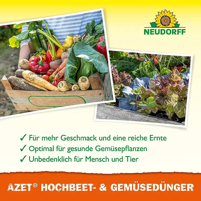 Neudorff Azet Bio-Hochbeetpflanzendünger - 1,75 kg - Produktwerbung für AZET® Hochbeet- & Gemüsedünger, der für mehr Geschmack und eine reiche Ernte sorgt und unbedenklich für Mensch und Tier ist.