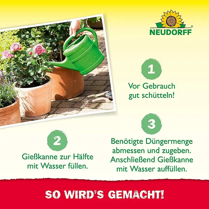 Neudorff Azet Rosendünger - 1 l - NEUDORFF-Produktanwendung: Vor Gebrauch schütteln, Gießkanne halb mit Wasser füllen, Dünger hinzufügen und mit Wasser auffüllen.