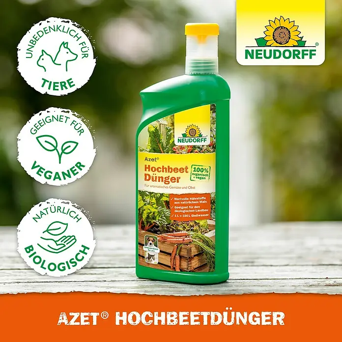 Neudorff Azet Hochbeetdünger - 1 l - Abbildung einer Flasche Neudorff Azet® Hochbeetdünger, ein organischer und veganer Dünger für aromatisches Gemüse und Obst.