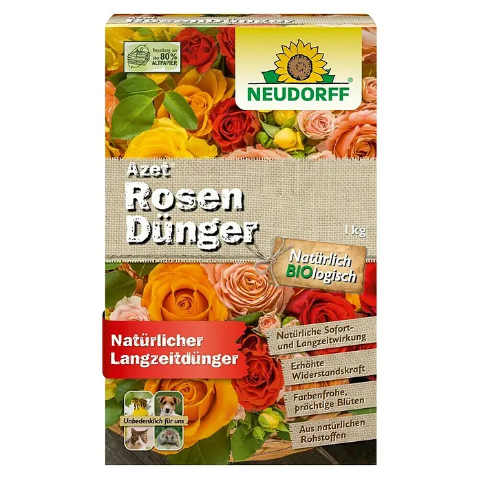 Neudorff Azet Rosendünger - 1 kg - Produktbild von Neudorff Azet Rosendünger, einem organischen Langzeitdünger für Rosen, verpackt in Recyclingpapier.