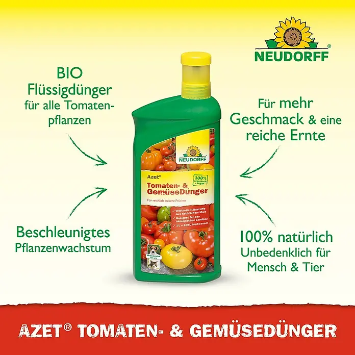Neudorff Azet Tomatendünger - 1 l, Max. ausreichend für Flüssigkeitsmenge: 100 l - Produktfoto von Neudorff Azet Tomaten- und Gemüsedünger, einem Bio-Flüssigdünger für den ökologischen Landbau.