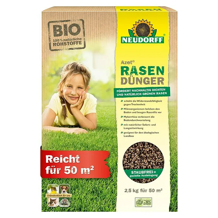 Neudorff Azet Rasendünger - 2,5 kg, Max. Anwendungsfläche: 50 m² - Bild einer Packung Neudorff Azet Rasendünger, ein Bio-Rasendünger, der für dichten und grünen Rasen sorgt und für 50 m² reicht.