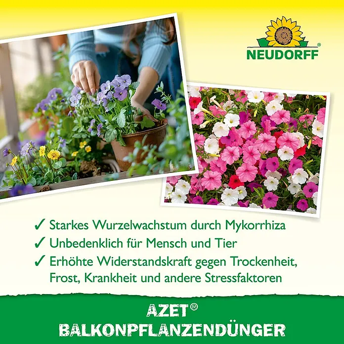 Neudorff Azet Balkonpflanzendünger - 750 g - Bild von Neudorff AZET® Balkonpflanzendünger, der starkes Wurzelwachstum fördert und die Pflanzen widerstandsfähiger macht.