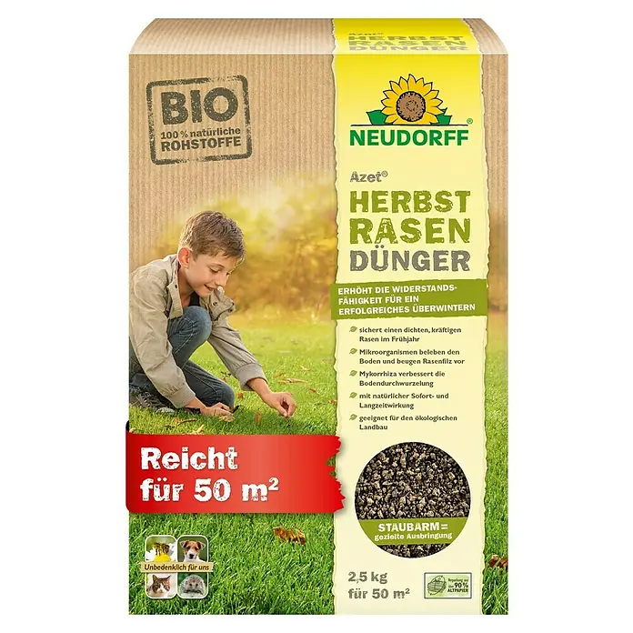 Neudorff Azet Rasendünger - 2,5 kg, Max. Anwendungsfläche: 50 m² - Neudorff Azet Herbst Rasen Dünger, 2,5kg Bio-Pack für 50m² Rasen, stärkt Gras für Winter, sicher für Haustiere.