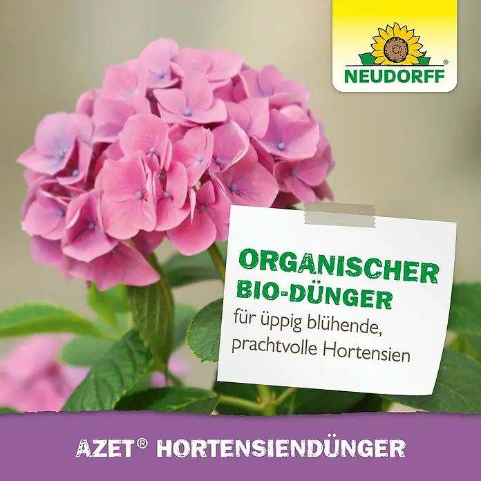 Neudorff Azet Hortensiendünger - 1 l - Das Bild zeigt einen Neudorff Azet® Hortensiendünger, der für üppig blühende Hortensien entwickelt wurde, vor einer Hortensienblüte.
