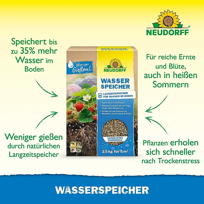 Neudorff Wasserspeicher - 2,5 kg - Neudorff Wasserspeicher, ein natürliches Tonmineral im 2,5kg Karton, speichert Wasser im Boden für weniger Gießen und gesunde Pflanzen.