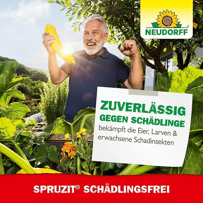 Neudorff Spruzit Schädlingsfrei - 100 ml, Nicht Anwendungsfertig - Der glückliche Mann präsentiert stolz seine Schädlingsfreie Ernte, dank SPRUZIT® SCHÄDLINGSFREI.