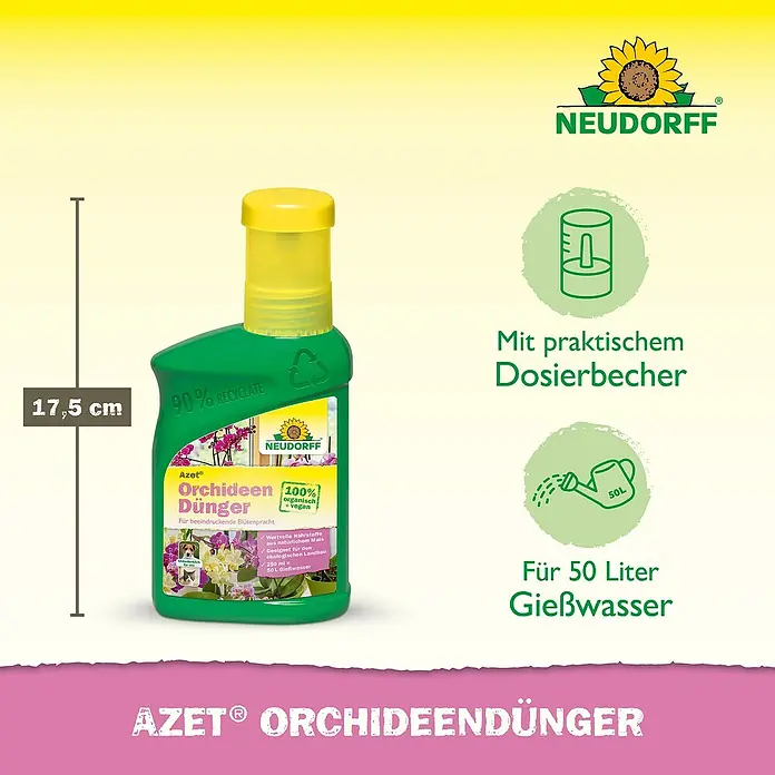 Neudorff Azet Orchideendünger - 325 kg, 250 ml - Abbildung einer Flasche Neudorff Azet Orchideendünger, einem organischen und veganen Dünger für üppige Blüten.