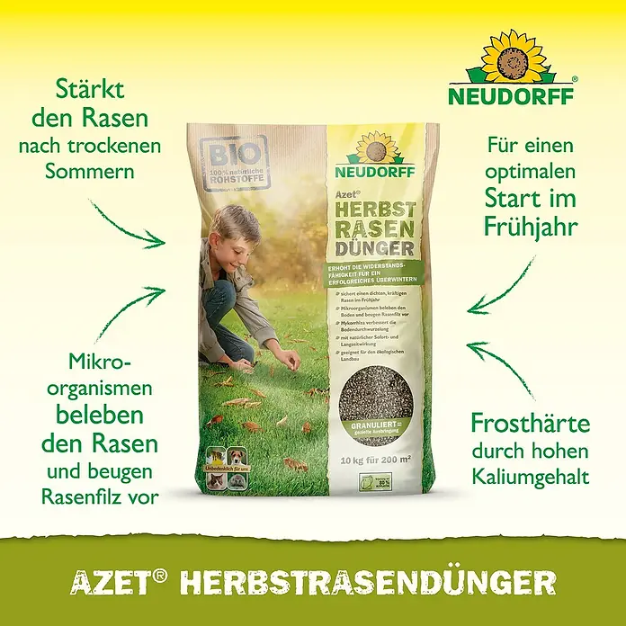 Neudorff Azet Rasendünger - 10 kg, Max. Anwendungsfläche: 200 m² - Das Bild zeigt eine Packung Neudorff Azet® Herbstrasendünger, der den Rasen nach dem Sommer stärkt und Frosthärte verleiht.