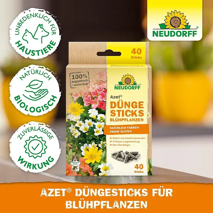 Neudorff Azet Blühpflanzen-Düngestäbchen - 40 Stk. - Packung Neudorff Azet Düngestäbchen für Blühpflanzen, organisch und natürlich für natürlich farbenfrohe Blüten.