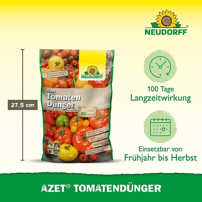 Neudorff Azet Tomatendünger - 750 g - Neudorff Azet Tomatendünger Beutel, 750g, 27,5cm hoch, mit 100 Tagen Langzeitwirkung und Bio-Qualität, von Frühjahr bis Herbst einsetzbar.