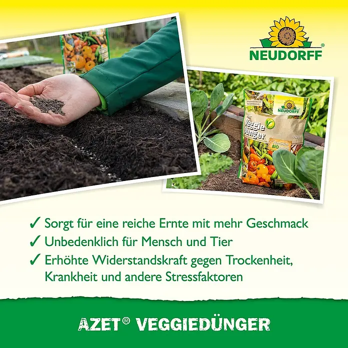 Neudorff Azet Bio-Gartendünger Azet Veggie - 750 g - Bild einer Packung Neudorff Azet Veggiedünger, einem organischen Dünger für Gemüse, zusammen mit Anwendungen im Garten.