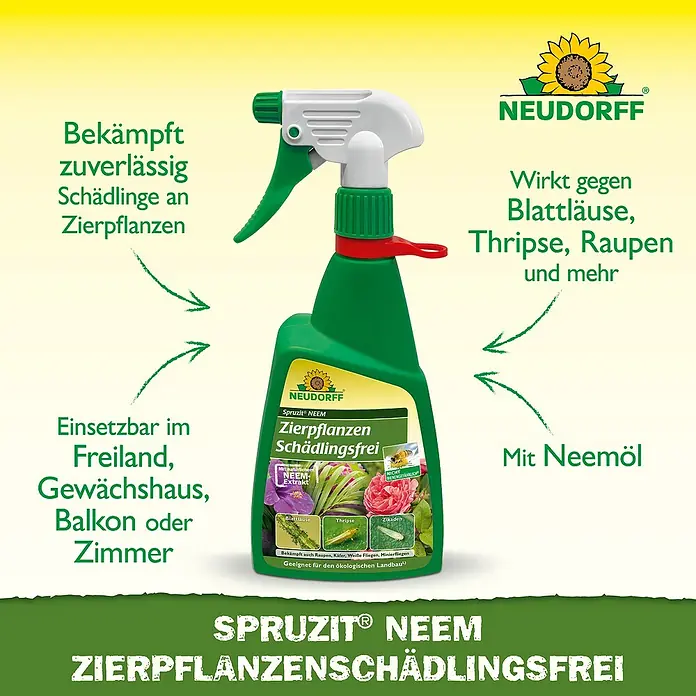Neudorff Spruzit Schädlingsfrei Zierpflanzen Neem - 450 ml - Grüne Sprühflasche NEUDORFF Spruzit NEEM Zierpflanzen Schädlingsfrei mit weiß-grünem Sprühkopf und rotem Clip, gegen Pflanzenschädlinge.