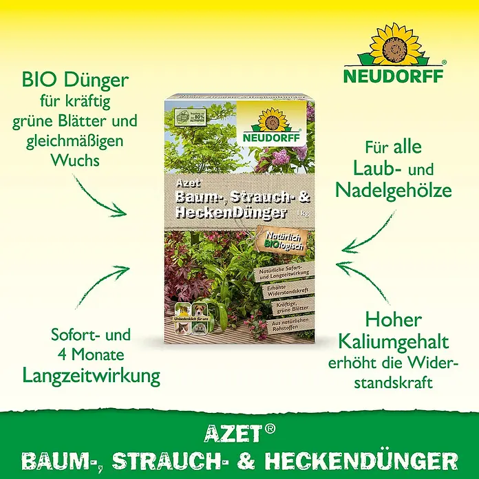 Neudorff Azet Strauch- & Heckendünger - 1 kg - Produktabbildung von AZET® Baum-, Strauch- & Heckendünger: Bio-Dünger für kräftige, grüne Blätter und gleichmäßiges Wachstum.