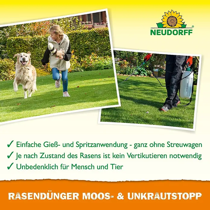 Neudorff Rasendünger Moos- & Unkrautstopp - 1,3 g, 1 l, Max. Anwendungsfläche: 100 m² - Neudorff Rasendünger Moos- & Unkrautstopp: Einfache Anwendung für einen gesunden Rasen, unbedenklich für Mensch und Tier.
