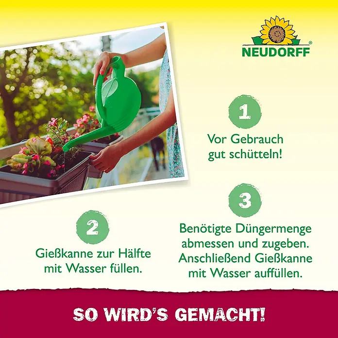 Neudorff Azet Balkonpflanzendünger - 2 l, Geeignet für: Balkonpflanzen - Person gießt Balkonpflanzen mit einer Kanne, Anleitung zur Neudorff Düngeranwendung.