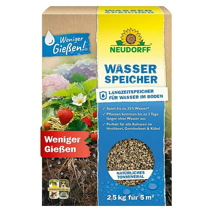Neudorff Wasserspeicher - 2,5 kg - Neudorff Wasserspeicher-Granulat, natürliches Tonmineral für Pflanzen, reduziert Gießen. Auf der Verpackung mit Erdbeeren und Erde dargestellt.