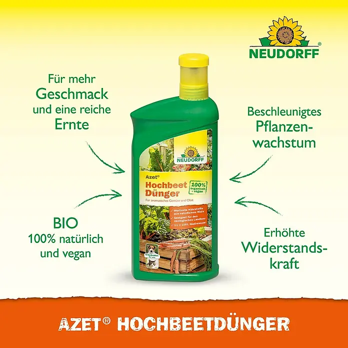 Neudorff Azet Hochbeetdünger - 1 l - Produktbild: Azet Hochbeetdünger für aromatisches Gemüse und Obst. 100% natürlich und vegan für mehr Geschmack und eine reiche Ernte.