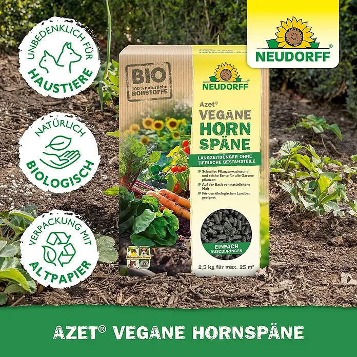 Neudorff Azet Bio-Hornspäne Vegan - 2,5 kg - Azet Vegane Hornspäne Düngerbox im Garten. Das umweltfreundliche Produkt fördert Pflanzenwachstum und ist haustiersicher.