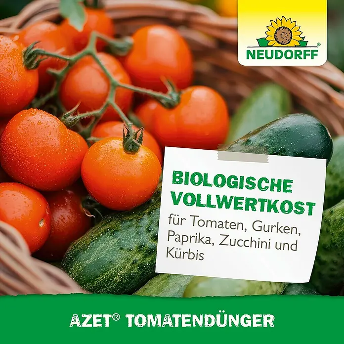 Neudorff Azet Tomatendünger - 1 kg - Werbung für NEUDORFF AZET® Tomatendünger mit Tomaten, Gurken und Text, der die Vorteile für verschiedene Gemüsesorten hervorhebt.