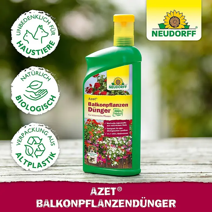 Neudorff Azet Balkonpflanzendünger - 2 l, Geeignet für: Balkonpflanzen - Grüne Flasche Neudorff Azet Balkonpflanzendünger mit gelbem Deckel. Biologisch, vegan, tierfreundlich, aus Altplastik.