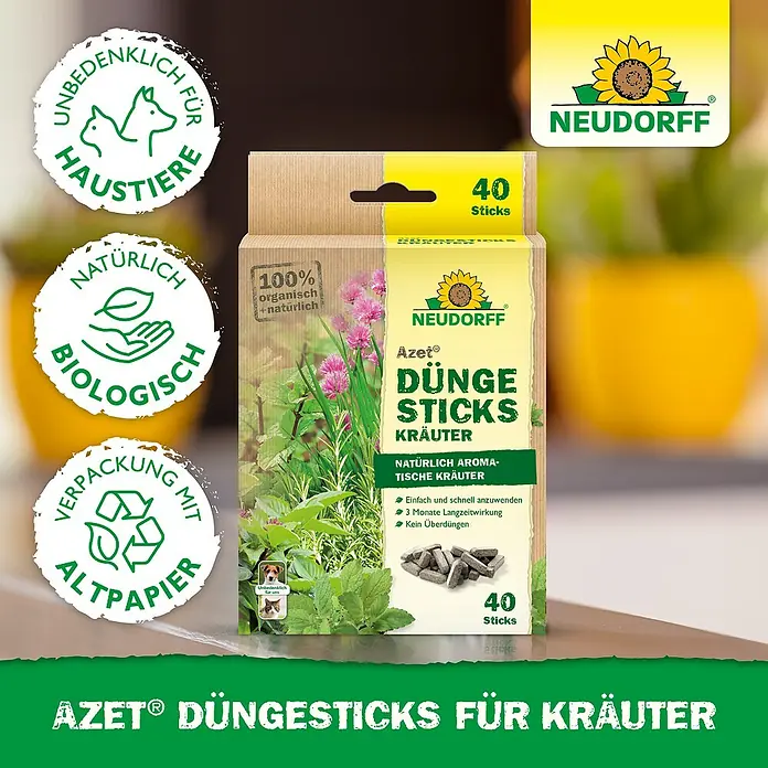 Neudorff Azet Düngestäbchen Kräuter - 40 Stk. - Neudorff Azet organische, haustiersichere Düngesticks für Kräuter. Braun-grüne Verpackung mit 40 natürlichen Sticks für aromatische Kräuter.