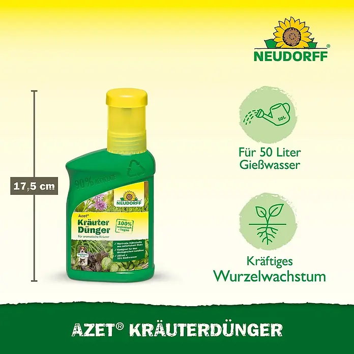 Neudorff Azet Kräuterdünger - 250 ml - Produktbild des Kräuterdüngers von Neudorff in einer grünen Flasche mit gelbem Verschluss, ideal für aromatische Kräuter und kräftiges Wachstum.