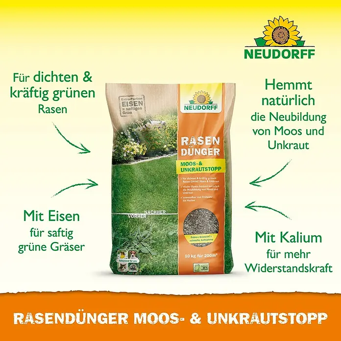 Neudorff Rasendünger Moos- & Unkrautstopp - 10 kg - Bild einer Packung Rasendünger Moos- & Unkrautstopp von Neudorff, die für dichten, grünen Rasen ohne Moos und Unkraut sorgt.