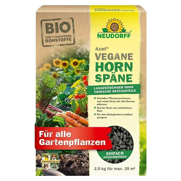 Neudorff Azet Bio-Hornspäne Vegan - 2,5 kg - Neudorff Azet Vegane Hornspäne Düngerbeutel, 2,5kg, mit Gartenszene. Bio, natürlich, für alle Pflanzen, haustierfreundlich.