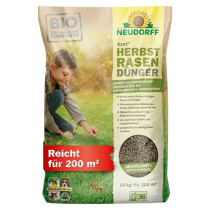 Neudorff Azet Herbstrasendünger - 10 kg, Max. Anwendungsfläche: 200 m² - Die Neudorff Azet® Herbstrasendünger-Packung verspricht einen widerstandsfähigen Rasen für die Überwinterung und reicht für 200 m².
