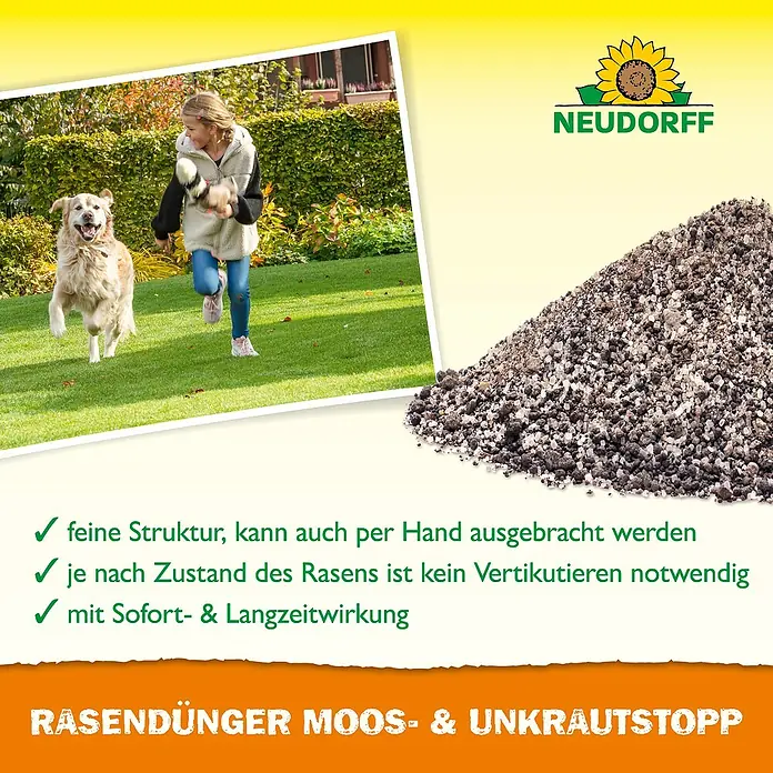 Neudorff Rasendünger Moos- & Unkrautstopp - 10 kg - Produktwerbung für Rasendünger Moos- & Unkrautstopp von Neudorff. Feine Struktur, einfache Anwendung, Sofort- & Langzeitwirkung.