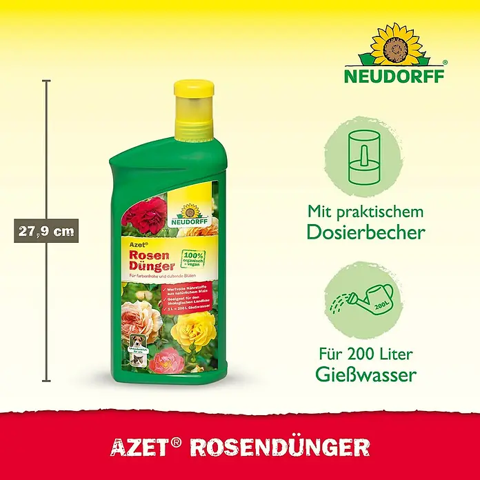 Neudorff Azet Rosendünger - 1 l - Neudorff Azet Rosendünger: Flüssigdünger für farbenfrohe und duftende Rosen, 100% organisch und vegan, mit praktischem Dosierbecher für 200 Liter Gießwasser.