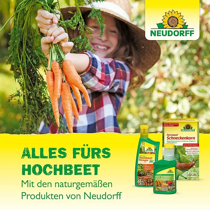 Neudorff Azet Bio-Hochbeetpflanzendünger - 1,75 kg - Werbung für Neudorff-Produkte für Hochbeete, darunter Dünger und Schneckenkorn, mit einem Kind, das frisch geerntete Karotten hält.