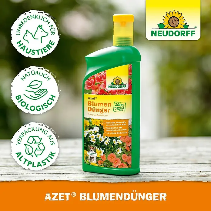 Neudorff Azet Blühpflanzendünger - 1 l - Produktfoto von Neudorff Azet Blumendünger, einem organischen und veganen Dünger für farbenfrohe Blüten, verpackt in einer grünen Flasche.
