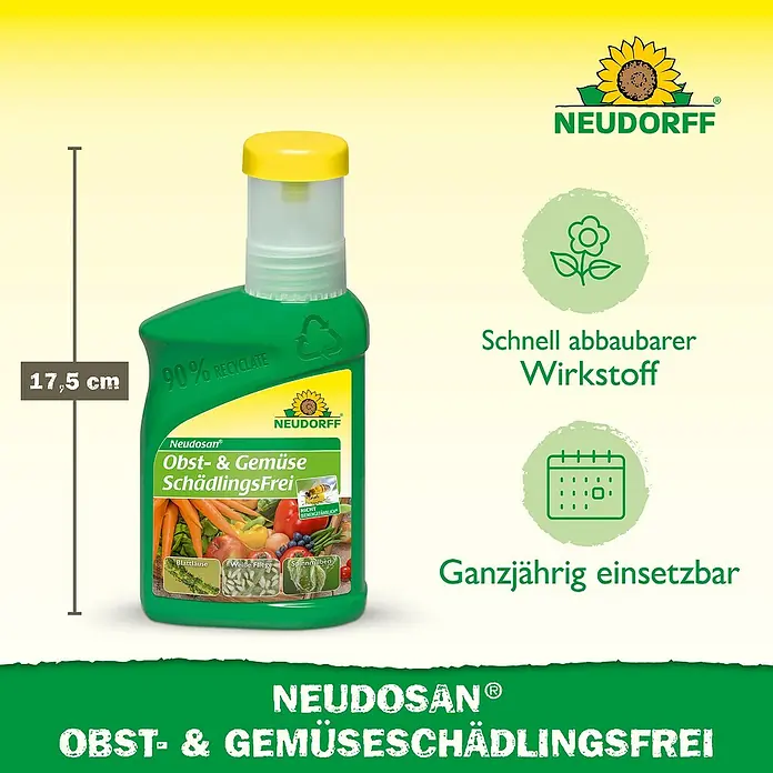 Neudorff Neudosan Schädlingsfrei Obst & Gemüse - 250 ml - Produktabbildung von Neudosan Schädlingsfrei für Obst und Gemüse. 17,5 cm hoch, mit Infos zu schneller Abbaubarkeit.