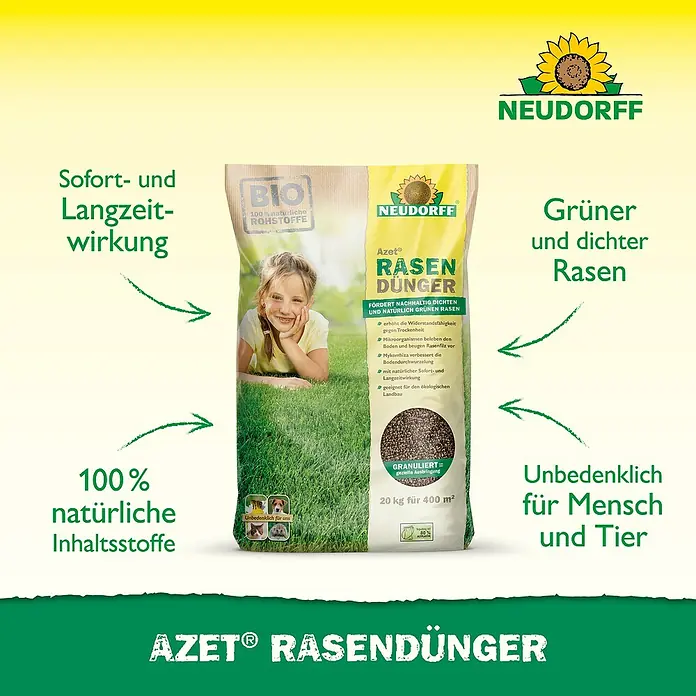 Neudorff Azet Rasendünger - 20 kg, Max. Anwendungsfläche: 400 m² - Eine Packung Neudorff Azet Rasendünger, ein organischer Dünger für einen dichten, grünen Rasen, mit Hinweisen zu den Vorteilen.