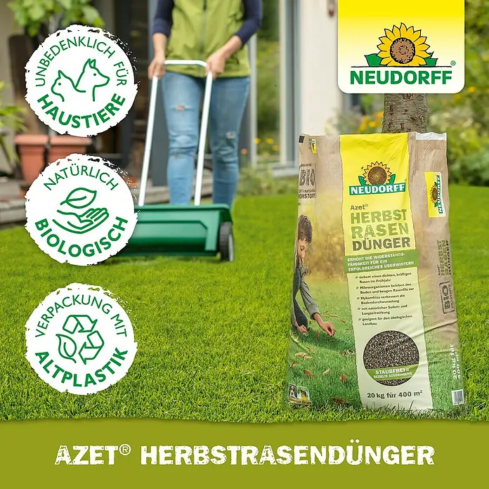 Neudorff Azet Rasendünger - 10 kg, Max. Anwendungsfläche: 200 m² - Werbung für Neudorff Azet® Herbstrasendünger, einen organischen Dünger für einen widerstandsfähigen Rasen im Winter.