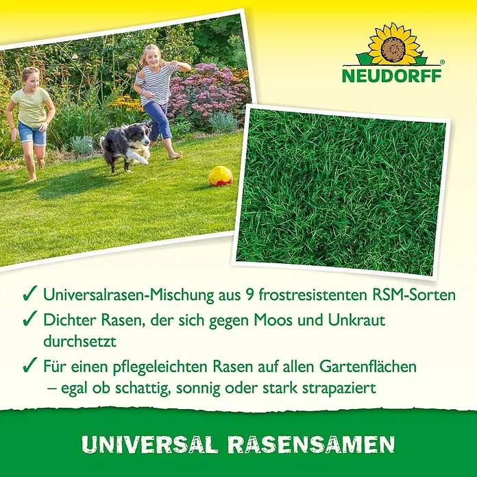 Neudorff Rasensamen Universal - 2 kg, 100 m² - Neudorff Universal Rasensamen. Zeigt dichten, strapazierfähigen grünen Rasen für alle Gartenflächen, mit spielenden Kindern und Hund.