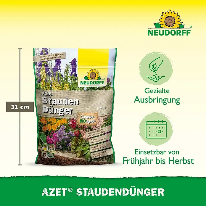 Neudorff Azet Staudendünger - 1,75 kg - Abbildung eines Sackes Azet Staudendünger von Neudorff, einem organischen Dünger für Stauden, der für den ökologischen Landbau geeignet ist.