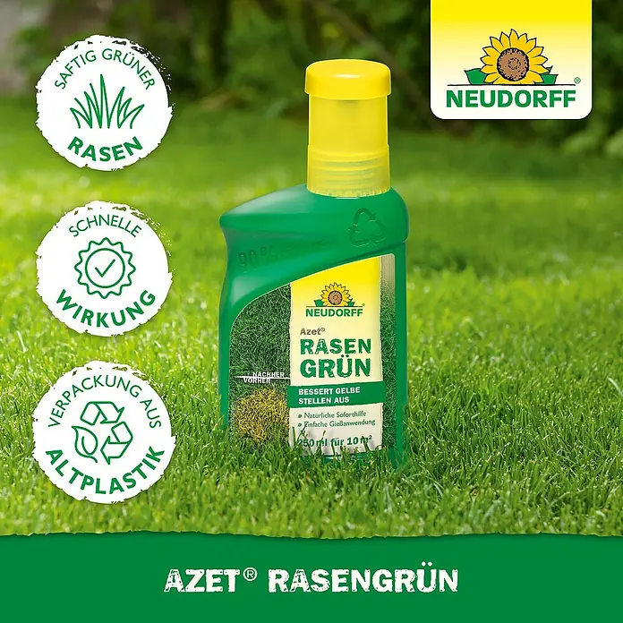 Neudorff Azet Rasendünger - 318 g, 250 ml, Max. Anwendungsfläche: 10 m² - Grüne Flasche Neudorff Azet Rasen Grün mit gelbem Verschluss. Aus 90% recyceltem Kunststoff, für saftig grünen Rasen.