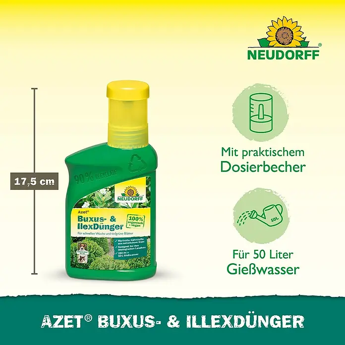 Neudorff Azet Buchsbaumdünger - 250 ml - NEUDORFF Azet Buxus- & Ilexdünger: Flüssigdünger für Buchs und Ilex, mit praktischem Dosierbecher, für 50 Liter Gießwasser, 17,5 cm hoch.