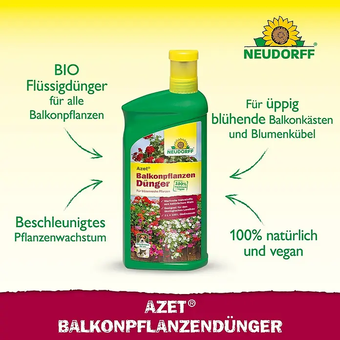 Neudorff Azet Flüssigdünger Balkonpflanzen - Geeignet für: Balkonpflanzen - Grüne Neudorff Azet Flüssigdüngerflasche für Balkonpflanzen, fördert üppige Blüten und beschleunigtes Wachstum, 100% natürlich und vegan.