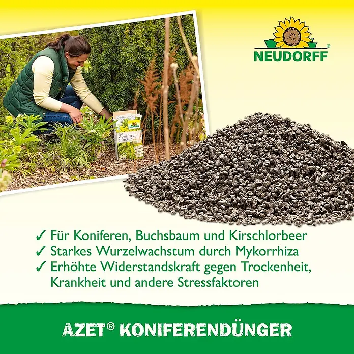 Neudorff Azet Tannen- & Koniferendünger - 1,75 kg - Produktbild des Neudorff Azet® Koniferendüngers, einem organischen Dünger für Koniferen, Buchsbaum und Kirschlorbeer für gesundes Wachstum.