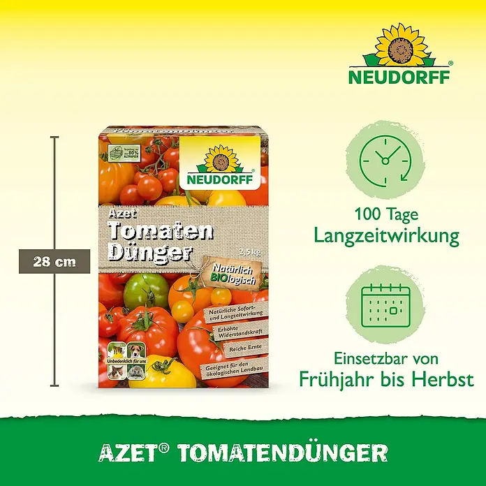 Neudorff Azet Tomatendünger - 2,5 kg - Bild einer Packung Neudorff Azet Tomatendünger, einem biologischen Dünger für Tomaten, mit Infos zur Anwendung und Größe.