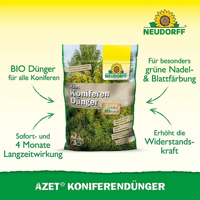 Neudorff Azet Tannen- & Koniferendünger - 1,75 kg - Neudorff Azet Koniferendünger in einer grün-gelben Packung. Bio-Formel für kräftige, grüne Nadeln und erhöhte Widerstandskraft.