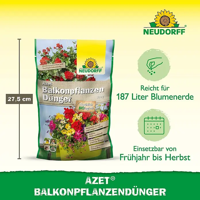 Neudorff Azet Balkonpflanzendünger - 750 g - Produktbild: NEUDORFF Azet Balkonpflanzendünger, ein biologischer Dünger für üppige Blütenpracht auf dem Balkon, 750g, reicht für 187 Liter Blumenerde.